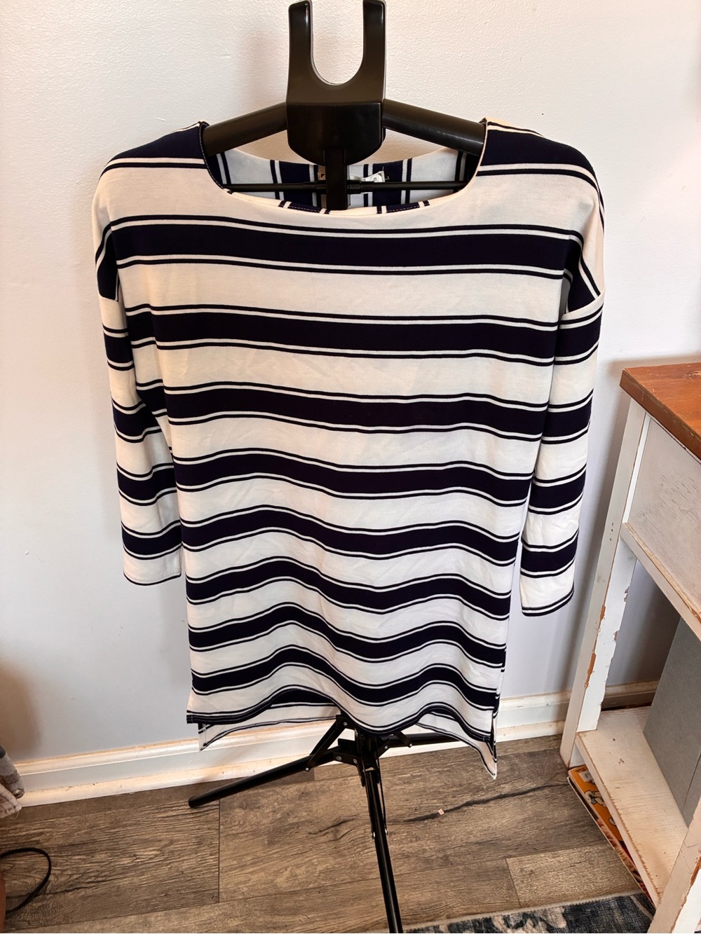 Women's Navy and White Striped Long Sleeve Boatneck Top
